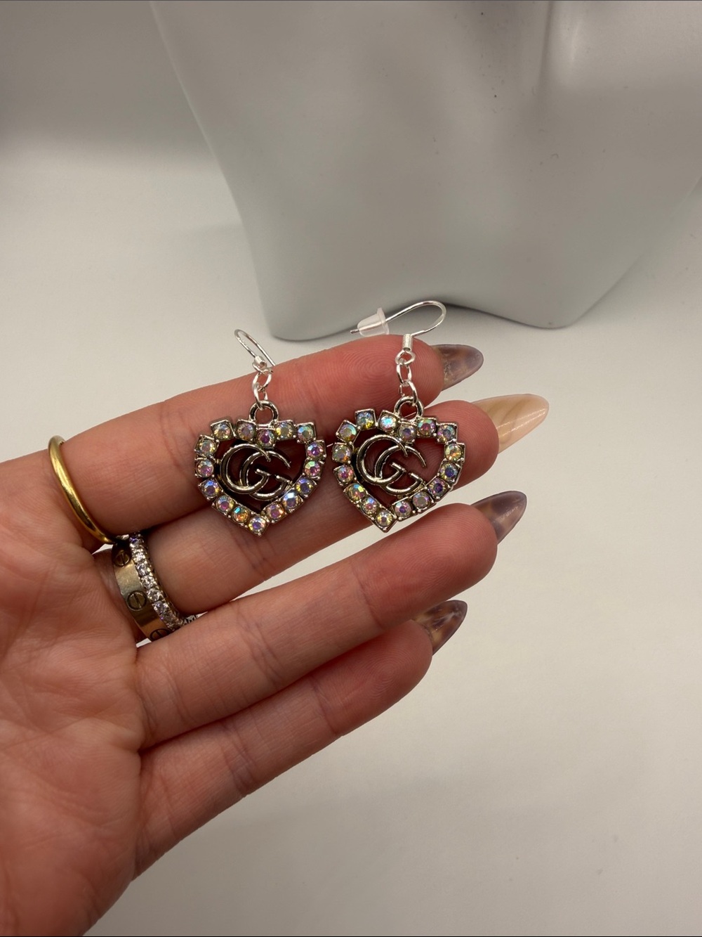 1490. Silver Heart Drop Stamped Earrings with Iridescent Crystals